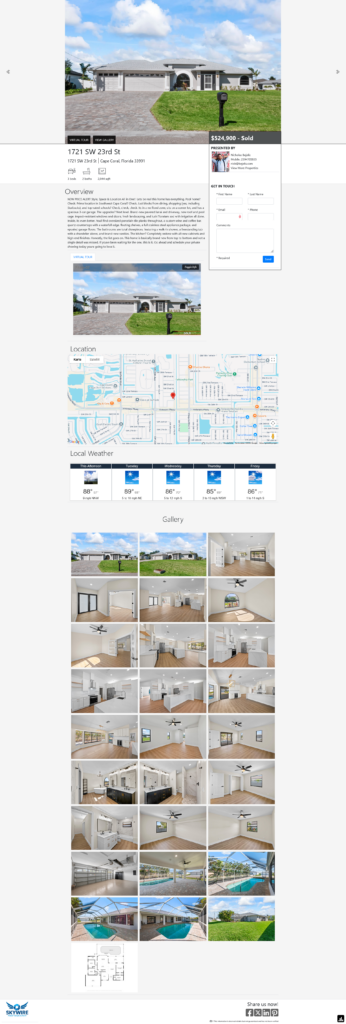 Exterior view of a single-story home with a two-car garage, brick driveway, and well-manicured lawn by a curbside mailbox