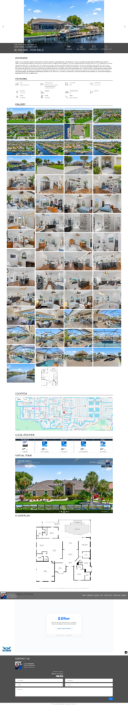 Hero waterfront home listing: house with dock and boat on a canal, on a real estate page with overview and gallery sections below.